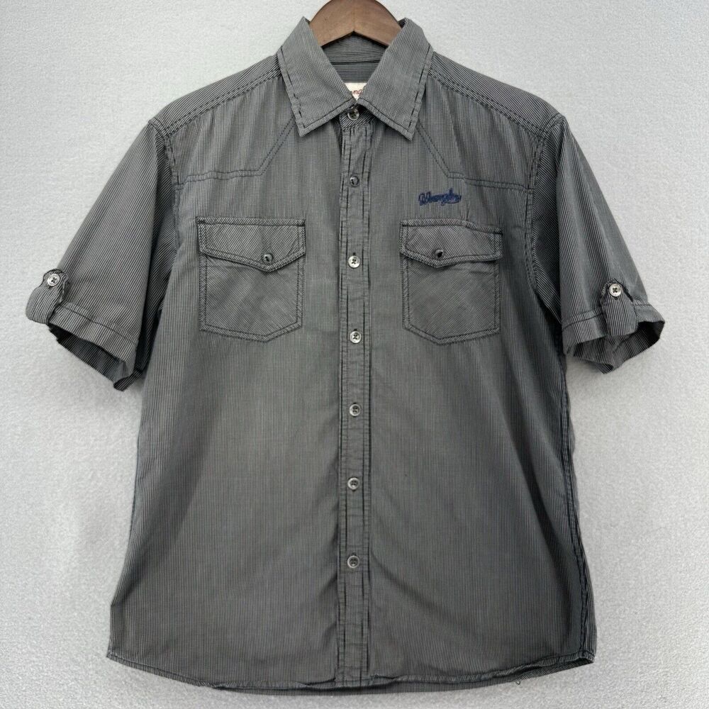 Y2K Wrangler Western Metal Pearl Snap Black‎ White Pin Check Plaid Shirt Mens L